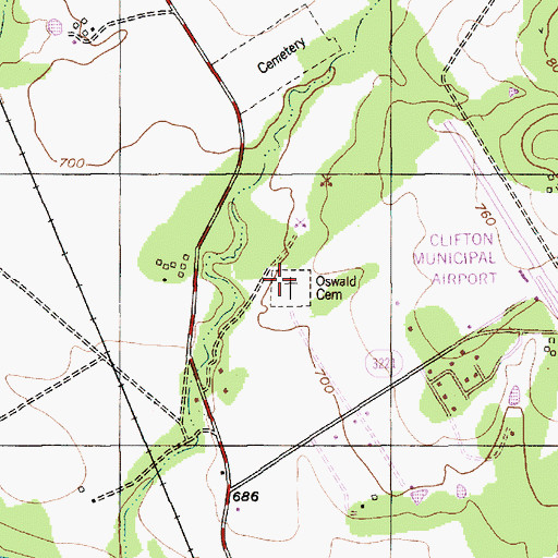 Topographic Map of Oswald Cemetery, TX