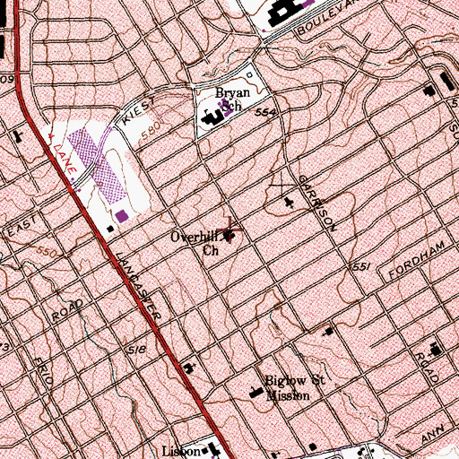 Topographic Map of Overhill Church, TX