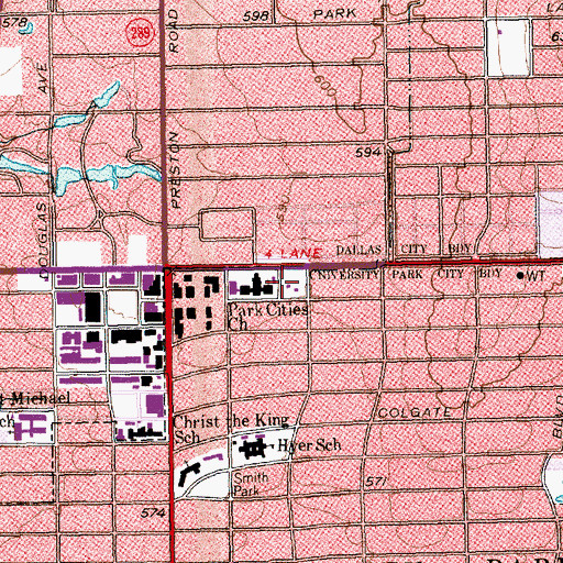 Topographic Map of Park Cities Church, TX