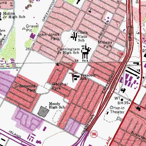 Topographic Map of Prescott School, TX