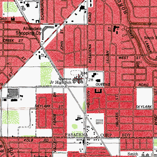 Topographic Map of Queens Road School, TX