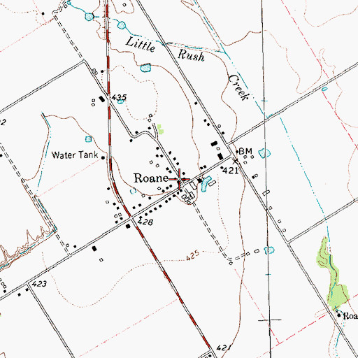 Topographic Map of Roane, TX