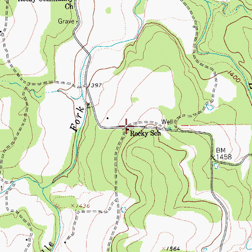 Topographic Map of Rocky School, TX