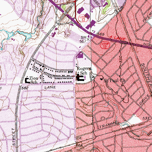 Topographic Map of Rogers School, TX