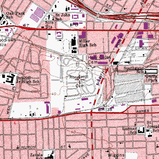 Topographic Map of Rose Hill Cemetery, TX