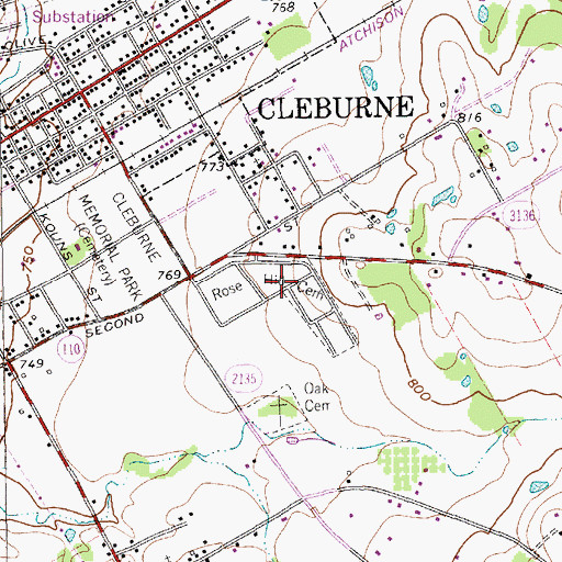 Topographic Map of Rose Hill Cemetery, TX