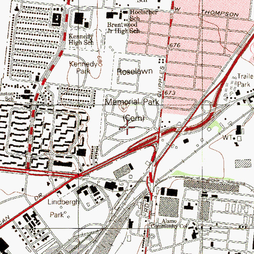 Topographic Map of Roselawn Memorial Park, TX