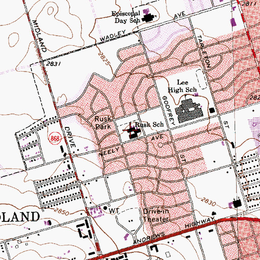 Topographic Map of Rusk School, TX
