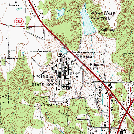Topographic Map of Rusk State Hospital, TX