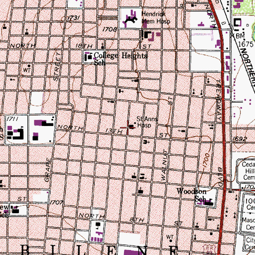 Topographic Map of Saint Anns Hospital (historical), TX