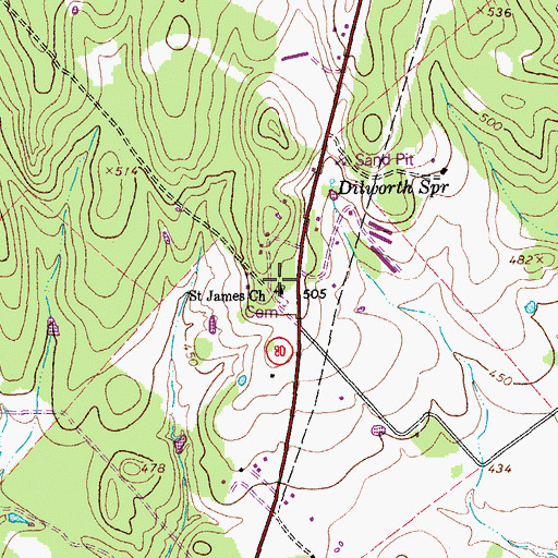 Topographic Map of Saint James Church, TX
