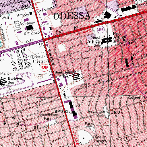 Topographic Map of San Houston School, TX
