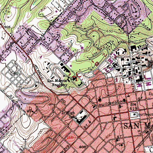 Topographic Map of San Marcos Academy, TX