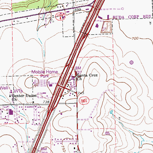 Topographic Map of Santa Cruz Church, TX