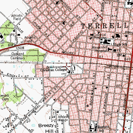 Topographic Map of Southwestern Christian College, TX