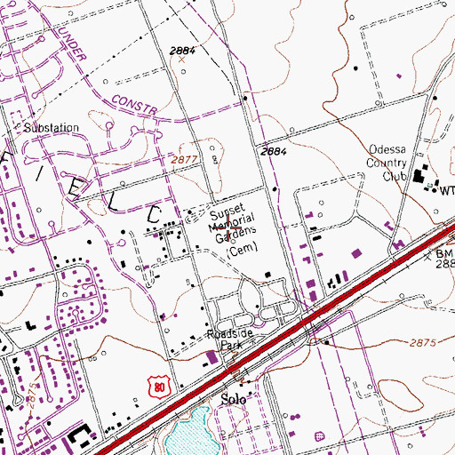 Topographic Map of Sunset Memorial Gardens, TX