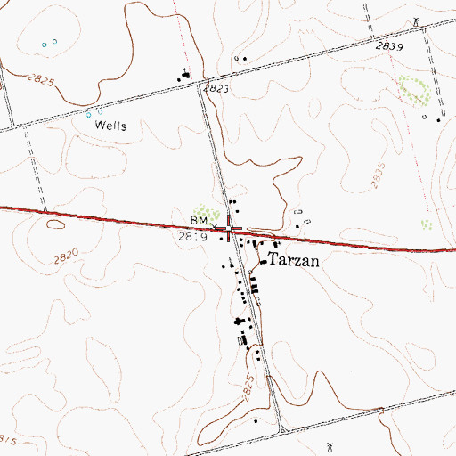 Topographic Map of Tarzan, TX