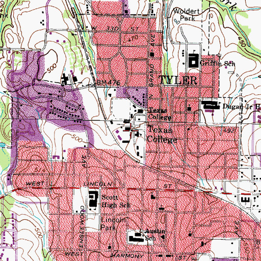 Topographic Map of Texas College, TX