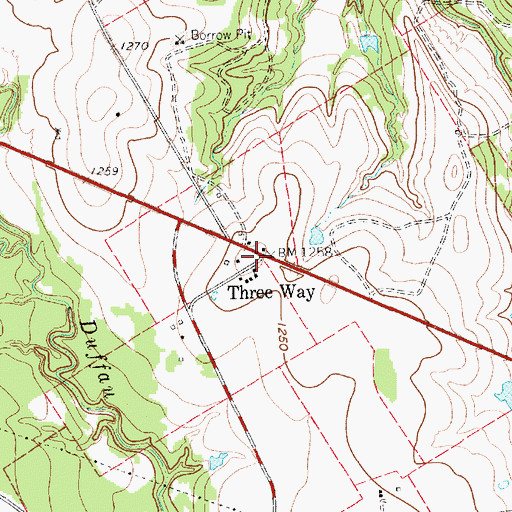 Topographic Map of Three Way, TX