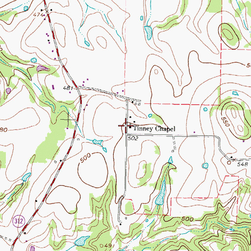 Topographic Map of Tinney Chapel, TX