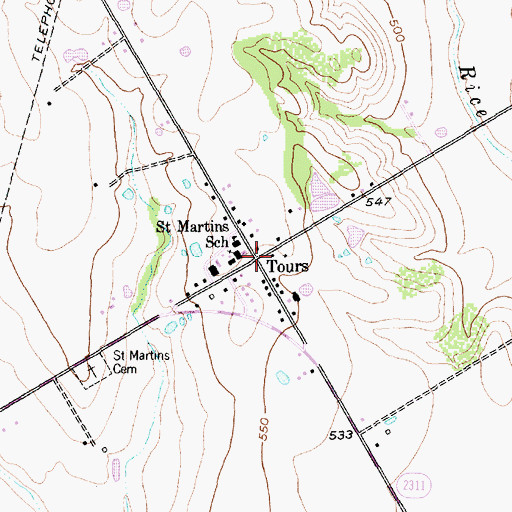 Topographic Map of Tours, TX