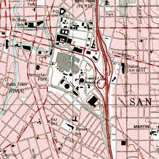 Topographic Map of Tower of the Americas, TX