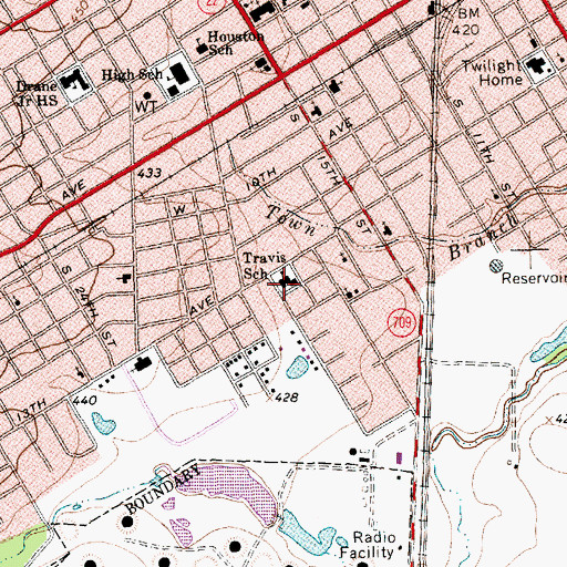 Topographic Map of Travis School, TX