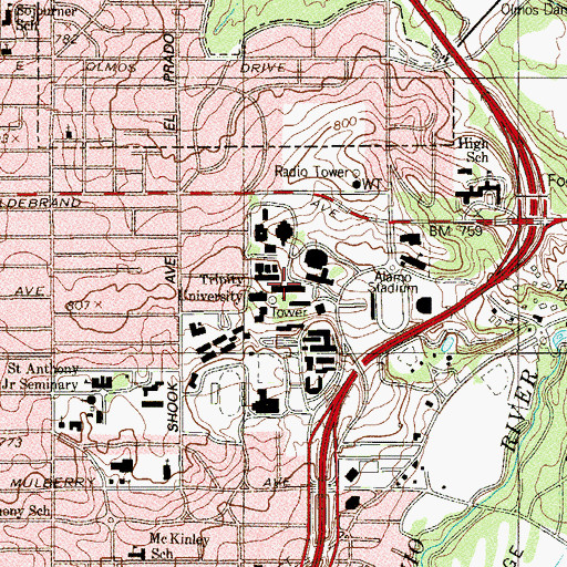 Topographic Map of Trinity University, TX
