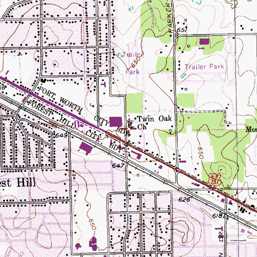 Topographic Map of Twin Oak Church, TX