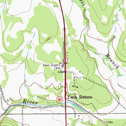 Topographic Map of Twin Sisters Cemetery, TX