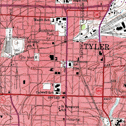 Topographic Map of Tyler, TX