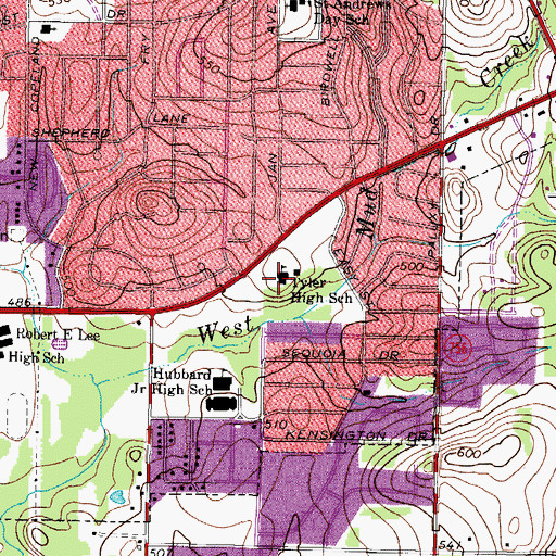 Topographic Map of Tyler High School, TX