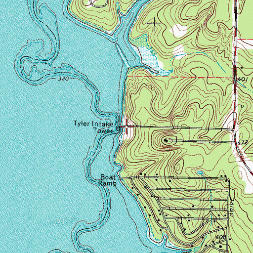 Topographic Map of Tyler Intake Tower, TX