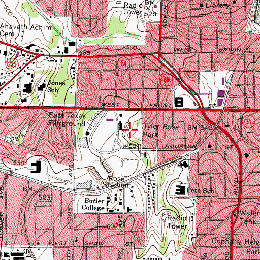 Topographic Map of Tyler Rose Park, TX