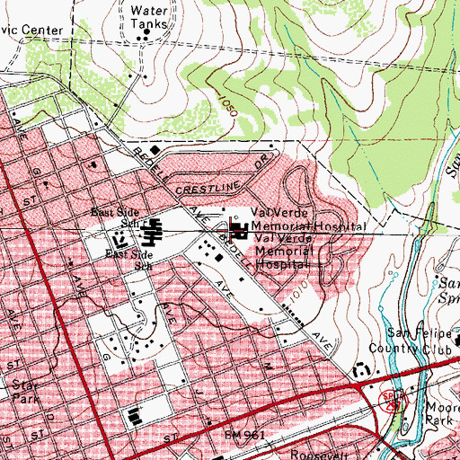 Topographic Map of Val Verde Regional Medical Center, TX