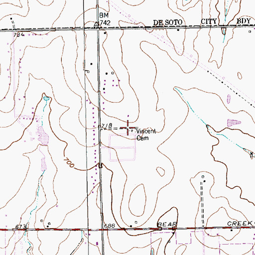 Topographic Map of Vincent Cemetery, TX