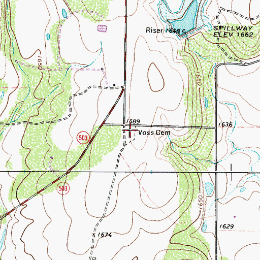 Topographic Map of Voss Cemetery, TX