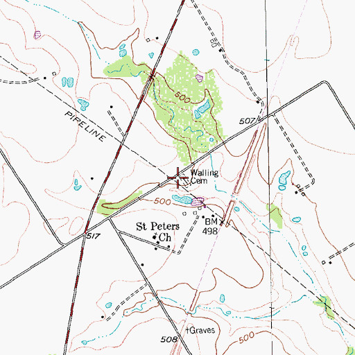 Topographic Map of Walling Cemetery, TX