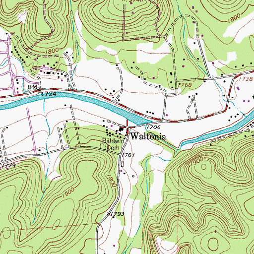 Topographic Map of Waltonia, TX