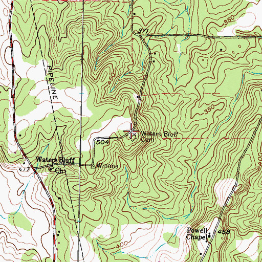 Topographic Map of Waters Bluff Cemetery, TX