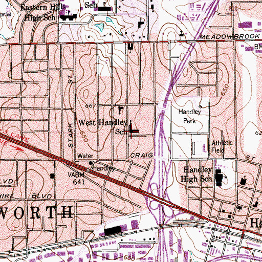 Topographic Map of West Handley School, TX