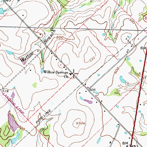 Topographic Map of Willow Springs Church, TX