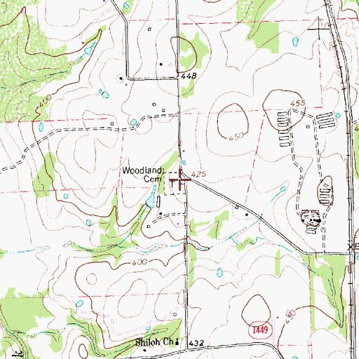 Topographic Map of Woodland Cemetery, TX