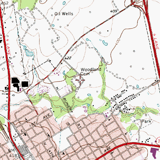Topographic Map of Woodland Cemetery, TX
