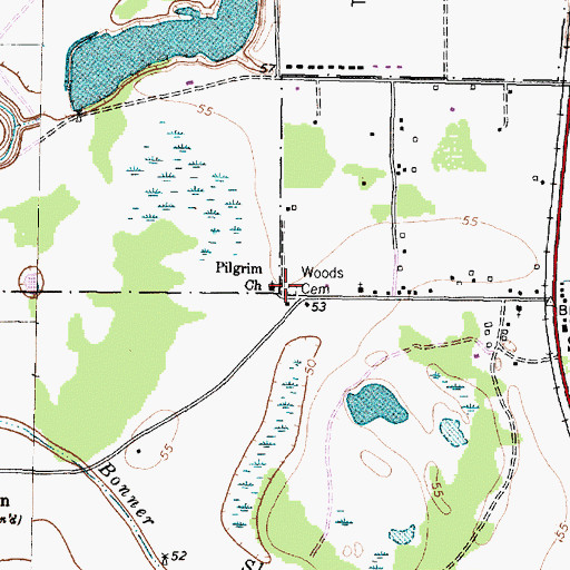 Topographic Map of Woods Cemetery, TX