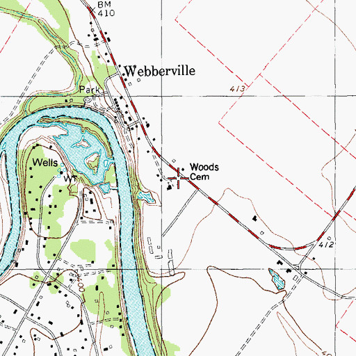 Topographic Map of Woods Cemetery, TX