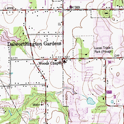 Topographic Map of Woods Chapel, TX