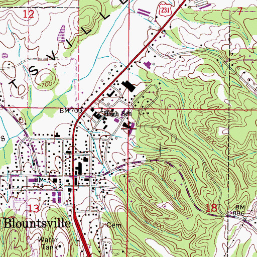 Topographic Map of Blountsville Elementary School, AL