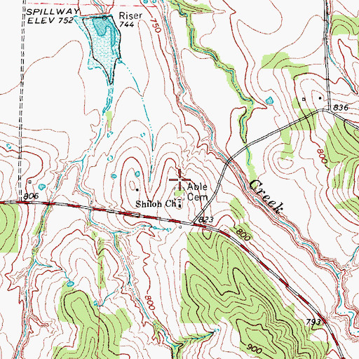 Topographic Map of Able Cemetery, TX
