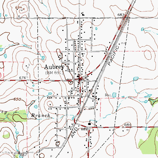 Topographic Map of Aubrey, TX